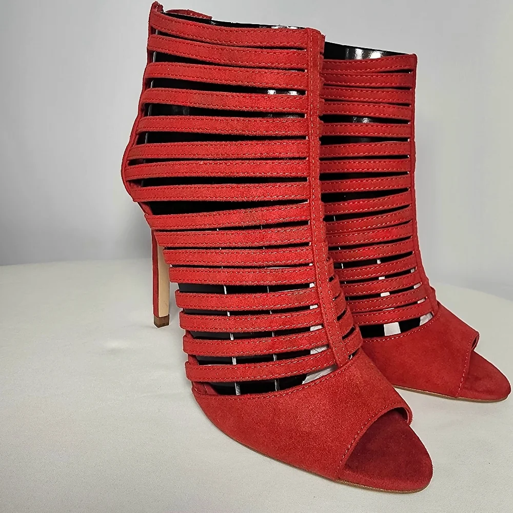 Zara Bright Red Faux Suede Strappy Caged Open Toe 4” Stiletto Heels Size‎ 36